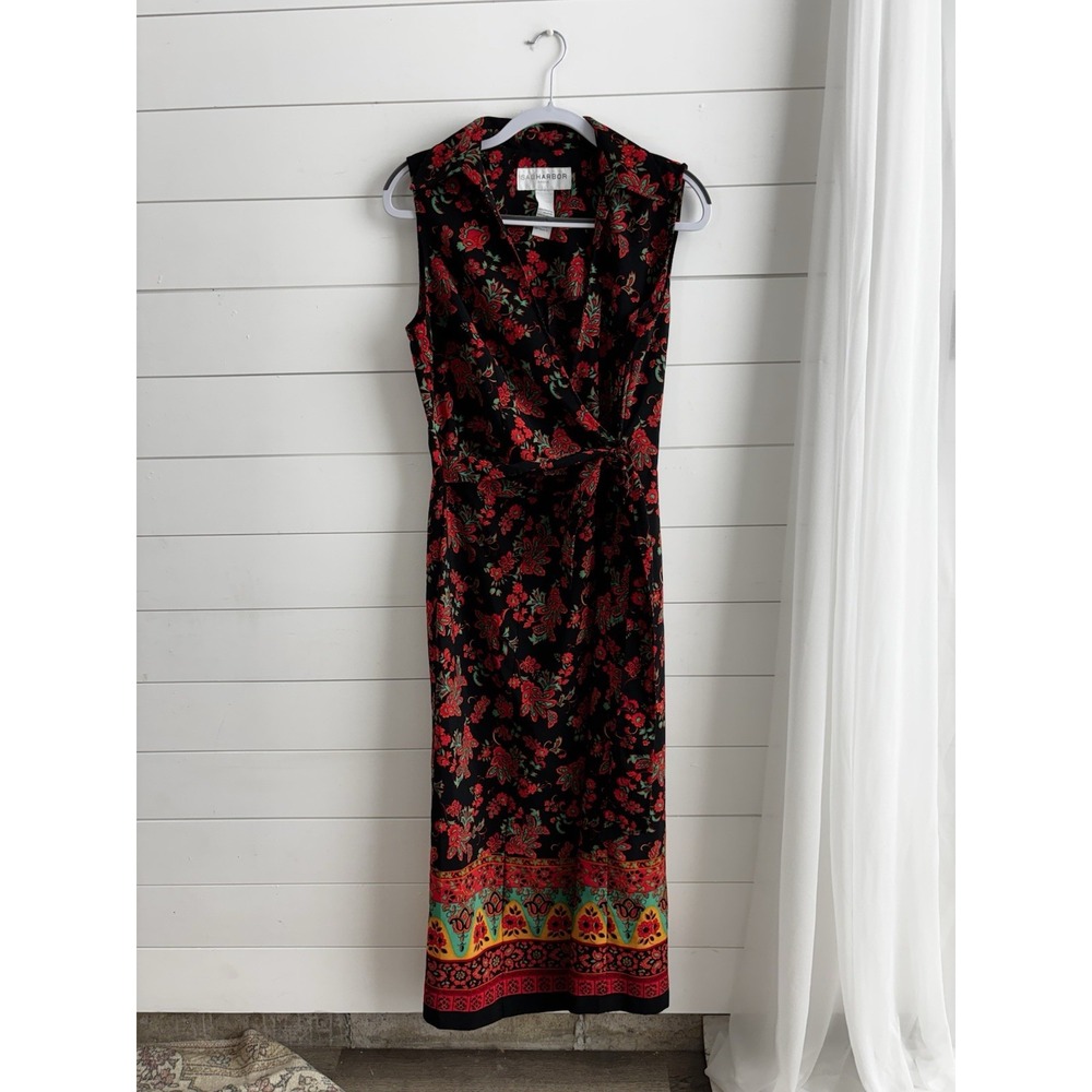 Sag Harbor Womens Wrap Dress Black Red Floral‎ Pointed Collar Size 12 Tall 0304